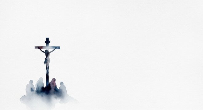 A dramatic, high-key silhouette of the crucifixion for good friday, composed against a stark white background.
