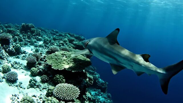 A shark swims near a vibrant coral reef underwater