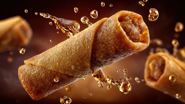 Crispy Golden Egg Roll with Dynamic Liquid Splash Appetizer