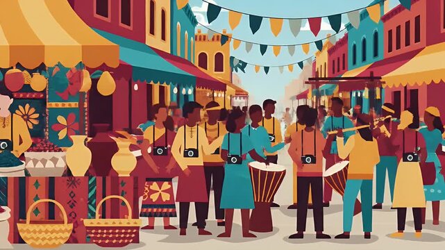 Vibrant outdoor market with people shopping at colorful fruit stalls