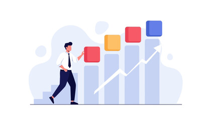 Fototapeta premium Businessman climbing graph stairs, business growth, success, career progress, upward trend