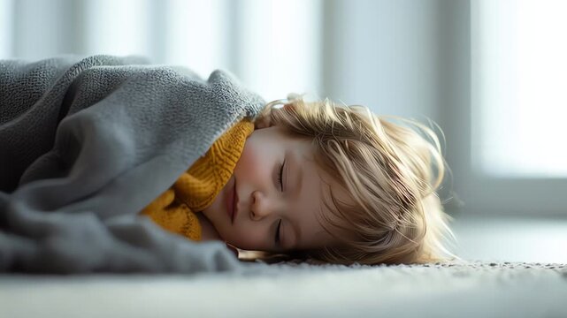Sleeping child wrapped in gray blanket indoors.