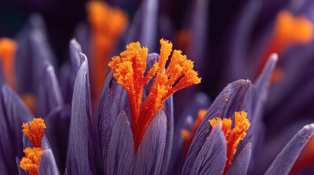 Crocus flower stigma (saffron threads), vivid orange against purple, expensive spice concept