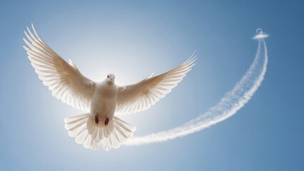 Fototapeta premium Radiant White Dove Soaring Against a Bright Blue Sky with a Cont