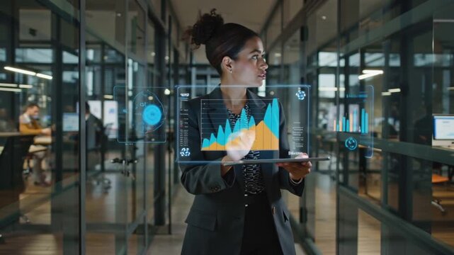 A confident businesswoman walking modern co-working space, holding AR tablet projecting floating 3D charts graphs, other professionals working sleek minimalist furniture, natural sunlight streaming