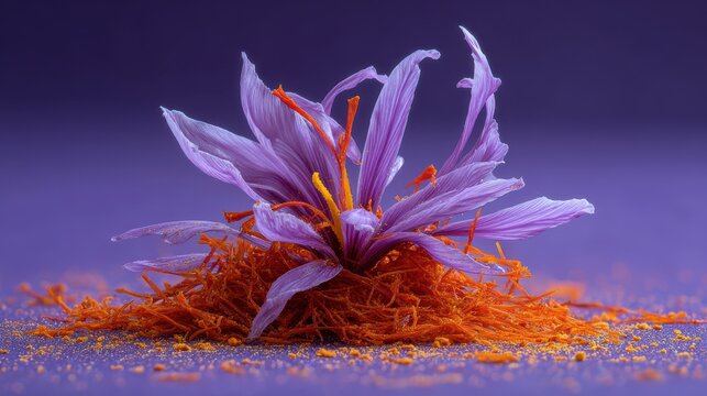 Crocus flower stigma (saffron threads), vivid orange against purple, expensive spice concept