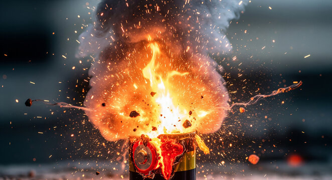 Lithium-ion battery explosion and fire on desktop with sparks and smoke