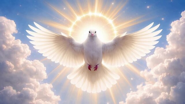 White dove with a shimmering halo flying in the sky, concept of peace, hope and the holy spirit
