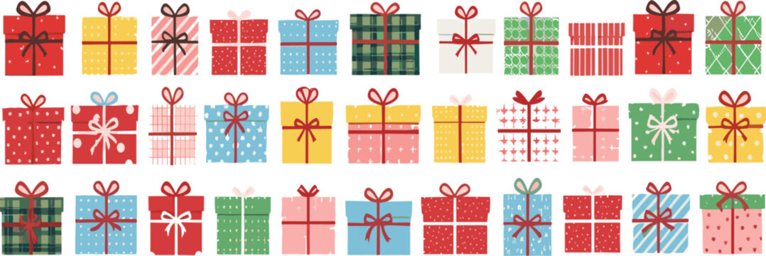 Large colorful gift box collection with various wrapped festive presents cartoon vector illustration set for holiday celebration design
