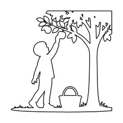 boy picking fruit from tree outline ouette picnic scene isolated on white background