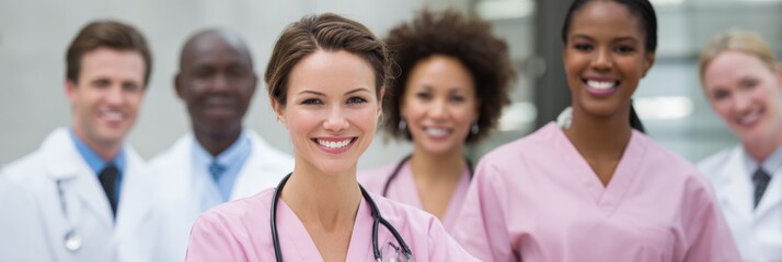 Obraz premium Group of diverse medical professionals smiling in hospital corridor