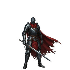 Fototapeta premium Medieval knight in dark plate armor with long sword and cape