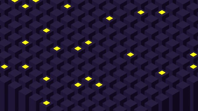 Isometric grid of vertical data silos with high-speed packets ascending and descending. Seamless loop varying traffic speeds representing cloud server infrastructure and digital throughput.