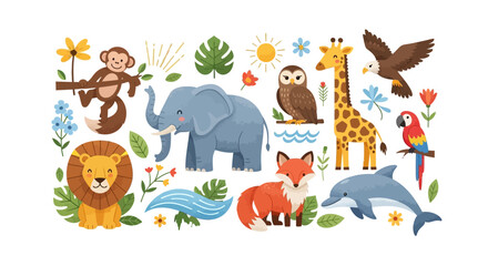 A vibrant illustration of various wildlife animals and plants celebrating World Wildlife Day with a colorful design on a white background.