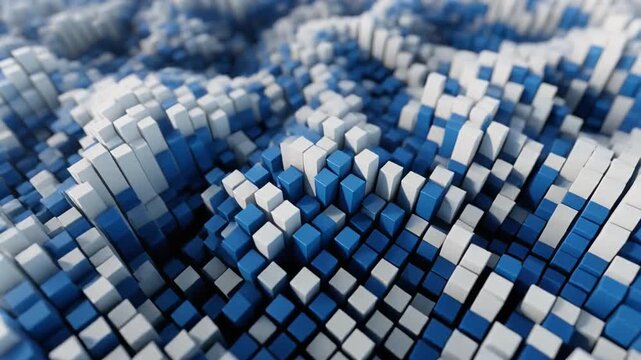 Aerial view of blue and white 3D blocks forming a wavy pattern on a digital surface with abstract background texture