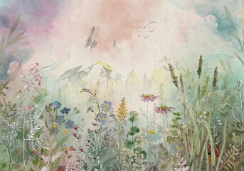 Bright Greenery Heathland Plants Wall Mural © SWAPNA