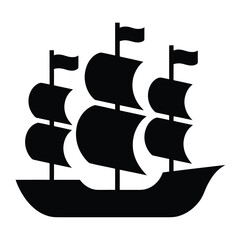 Vector illustration of a classic sailing ship with multiple sails and flags © SEcho