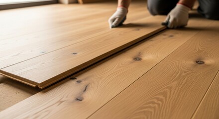 Worker installs wooden floor planks in a room during the day