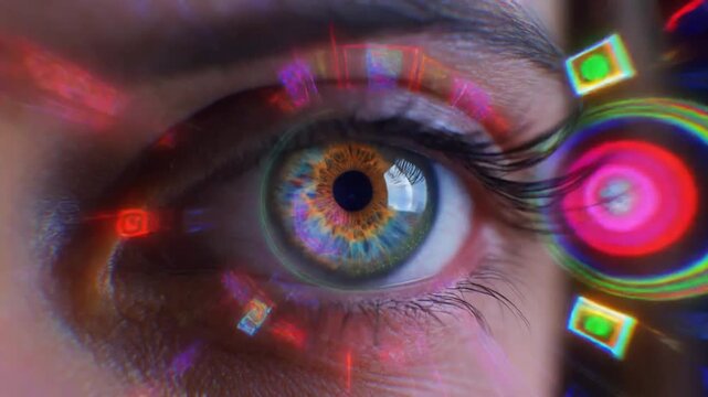 Close-up of a human eye with vibrant, multicolored digital effects and glitchy patterns in the background, conveying a futuristic and technological theme