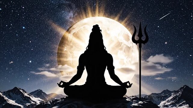 Silhouette of Shiva meditating on snowy mountain peak at night