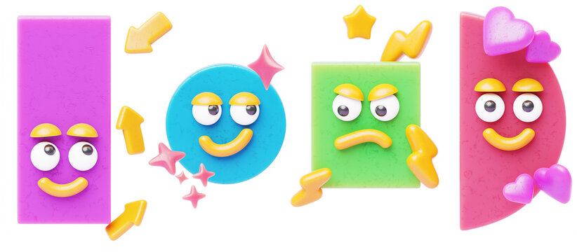 Geometric shape characters with face emotions. Cartoon 3d set of cute rectangle, round, square, half circle, heart, star, spiral, arrow, lightning. Basic figures for learning objects