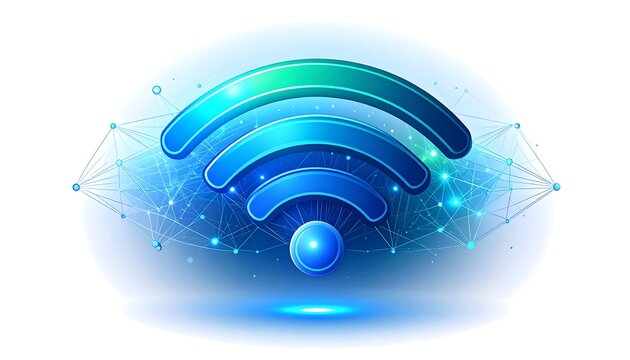 A stylized, digital rendering of a wireless internet symbol with connected nodes, vibrant blues and greens, and a glowing effect