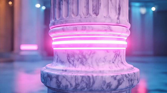 Futuristic Marble Columns with Neon Lights in a Hallway.
