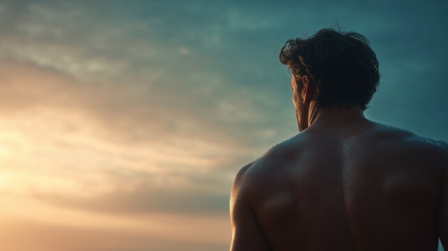 A man with a wet back is standing in front of a cloudy sky