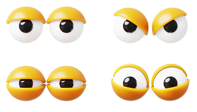 3d googly eyes with yellow eyelids. Funny character eyeballs with angry, squint and touching look. Render cartoon set of cute round open eyes for animated expression in graphic design