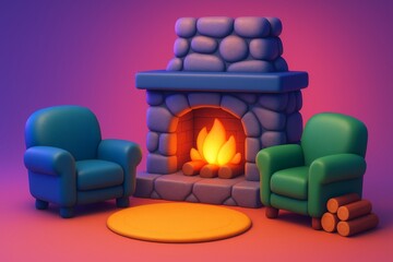 Fototapeta premium Cozy stone fireplace with glowing fire between two colorful armchairs on warm gradient background, emitting soft light in abstract style. Ai generative