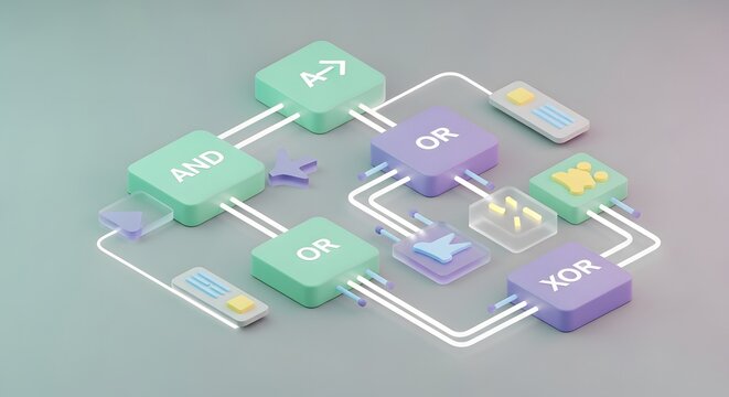 3D Rendering of Logical Operators with Wired Circuitry and Colorful Blocks