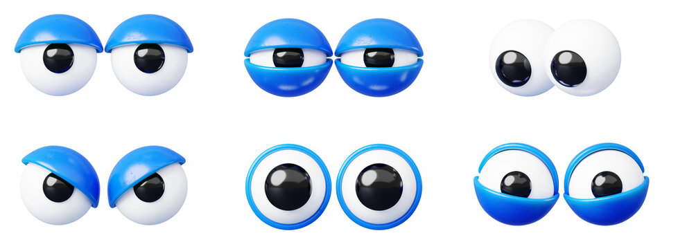 Googly eyes 3d set, comic character eyeballs with blue eyelids isolated on white background. Cartoon mascot looking down, smiling, surprised, evil, furious gaze, tired, sleepy, scared
