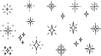 Minimalist black and white star spark icons set, magic sparkle line art elements, geometric glisten symbols for clean graphic design © jamiul
