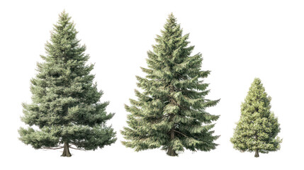 Three artificial Christmas trees on transparent background for decoration