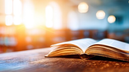 Fototapeta premium Book rests on a wooden table with sunlight shining in a library
