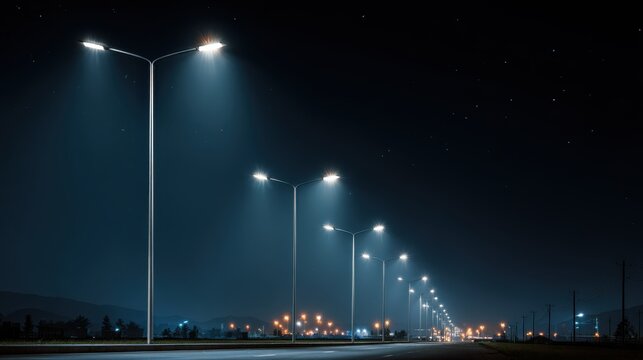 A row of modern street lights illuminating a highway at night under a clear starry sky.