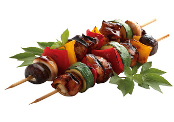 Grilled Meat and Vegetable Skewers with Fresh Basil Leaves isolated on a transparent background vegetables