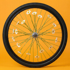 Fototapeta premium Bicycle wheel with daisy flowers