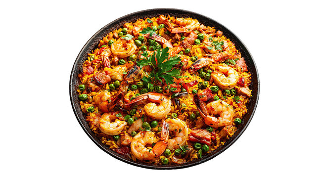 Spanish paella with shrimp, mussels, and saffron rice, isolated on a transparent background