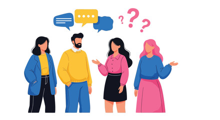 Four people discussing with speech bubbles and question marks