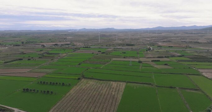 Drone view over green Spanish farmland near Sierra Nevada with irrigation patterns, fields and distant hills under soft cloud cover
