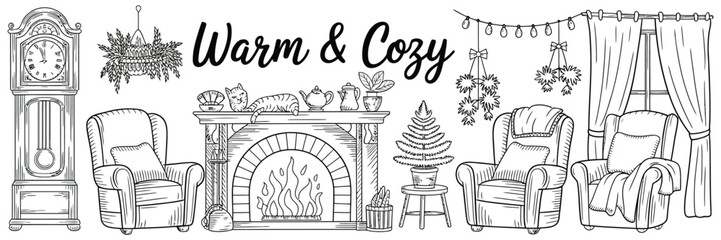 Vintage Furniture Doodle Set, Castle Interior Living Room Illustration, Cozy Hand Drawn Home with Antique Armchair, Stone Chimney, Wooden Clock and Bookshelf