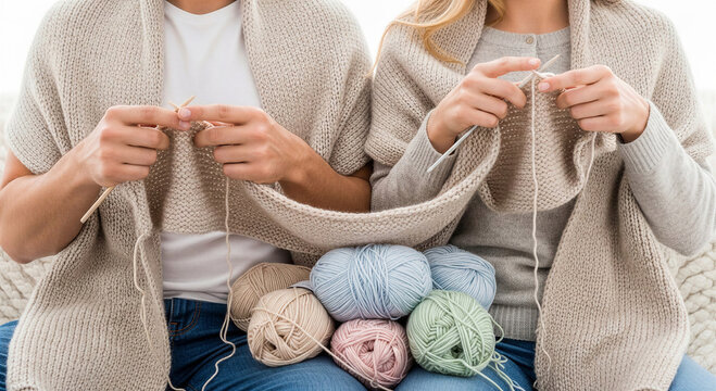 Man and woman knitting together with yarn on a cozy sofa  