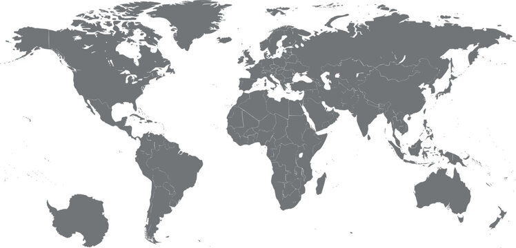 High detailed world map with country borders isolated on white background gray global cartography vector for infographics business presentation and educational geography projects.