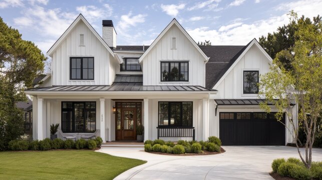 Modern farmhouse exterior with white board and batten siding, black metal roof, and large windows