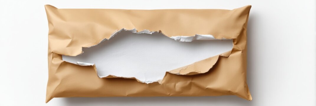 Torn brown paper envelope with large ripped opening revealing white background