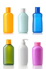 Colorful assorted plastic bottles for toiletries and personal care products