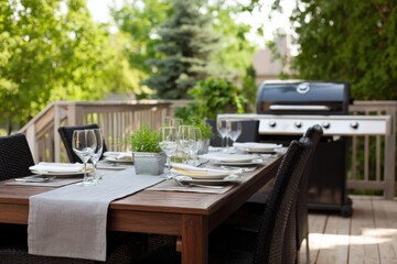 Fototapeta premium Outdoor dining table with grill on sunlit deck