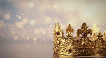 Obraz premium Golden Crown with Intricate Design Set Against Sparkling Bokeh Background for Royalty and Fantasy Concepts