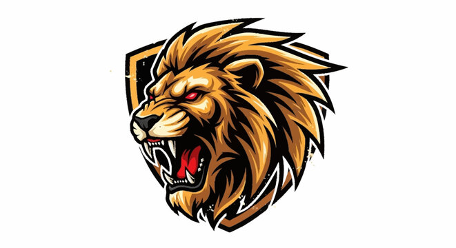 Fierce Roaring Lion Head Mascot Illustration with Golden Mane and Intense Red Eyes.